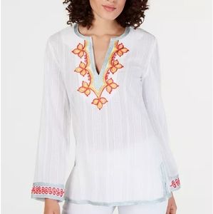 Trina Turk Peacock Cotton Embroidered Tunic Top